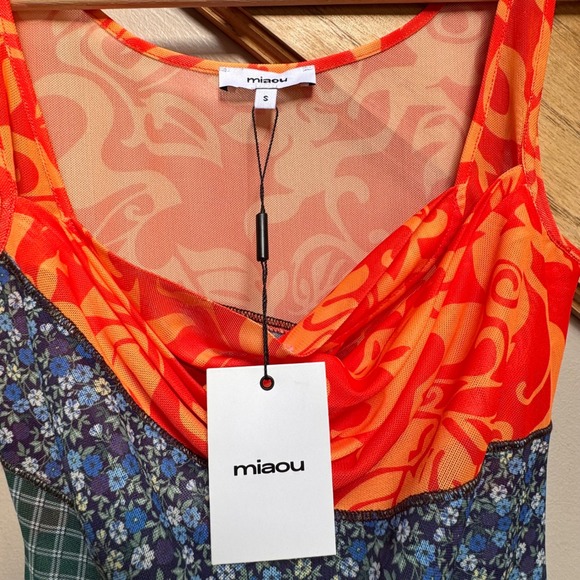 NWT Miaou Ginger Mini Dress S Sweet Legend Mixed Print Mesh Semi Sheer Cowl Neck - Picture 4 of 8